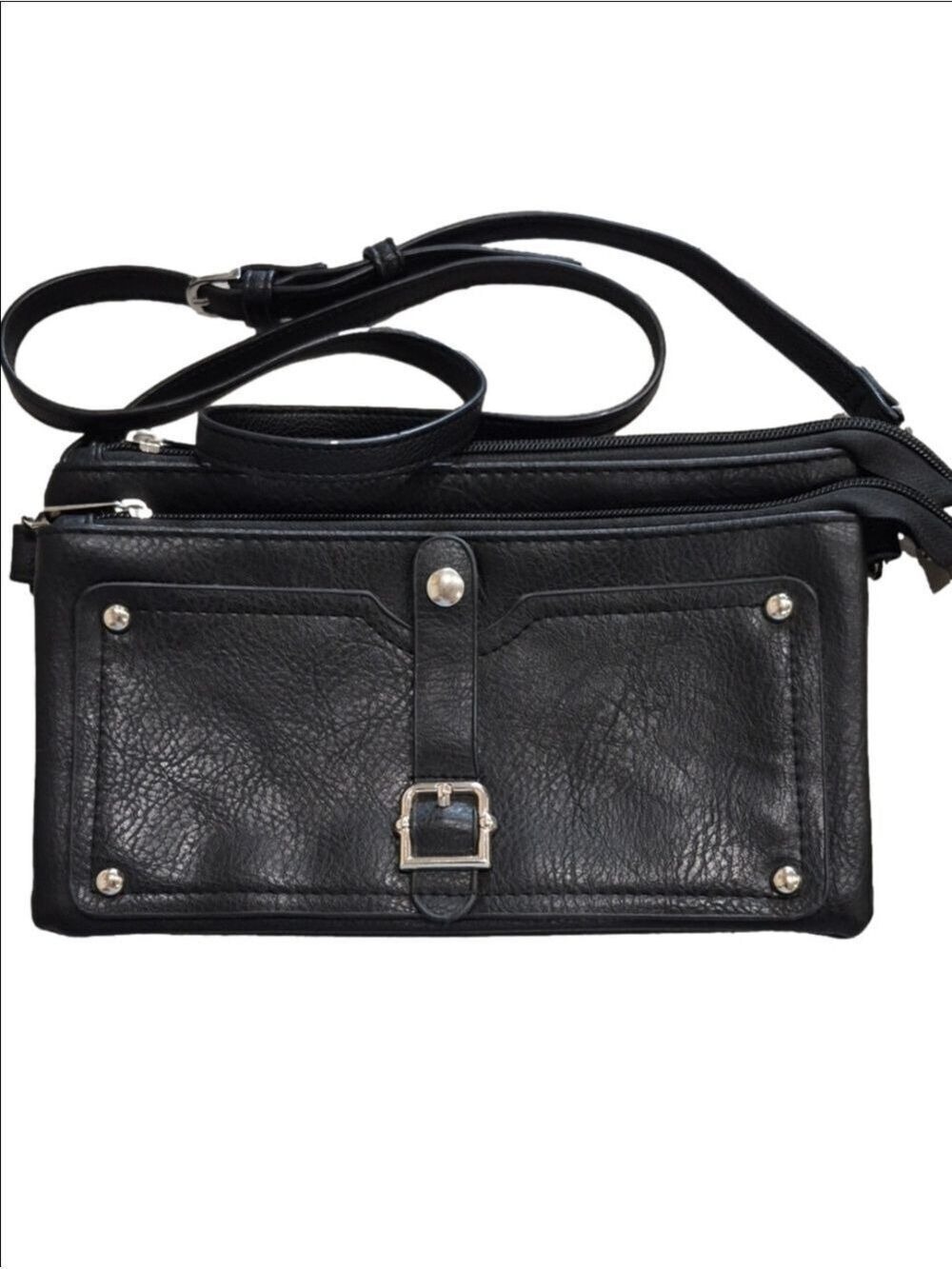 MySTYLE Black Faux Leather 3-Zip Organizer Crossbody Bag